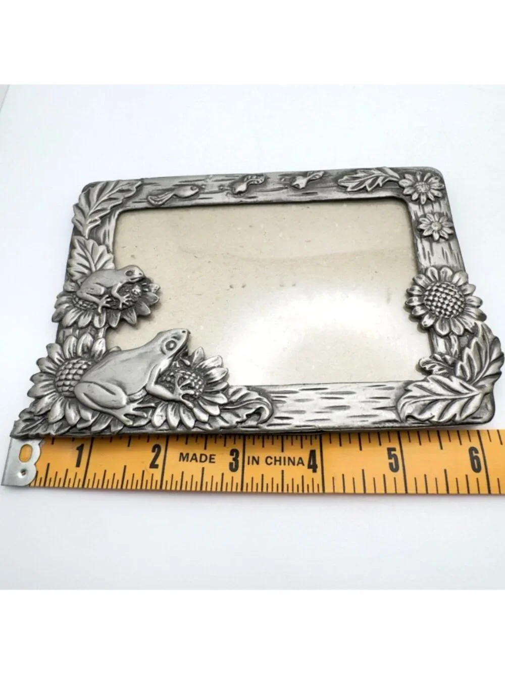 Frog Sunflower Pewter Picture Frame Vintage 3.5